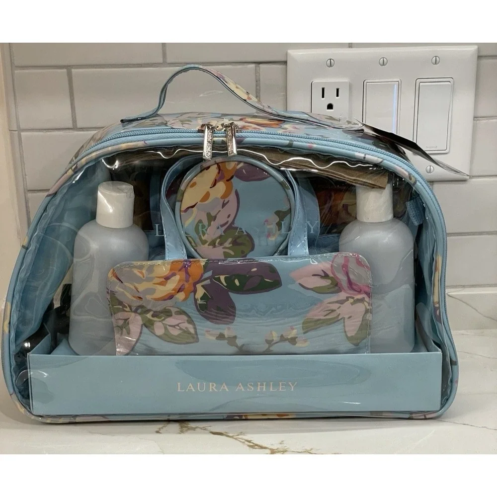 Laura Ashley Cosmetic Travel Set 8 Pc Blue Floral Toiletry Case Bag New‎ y2k